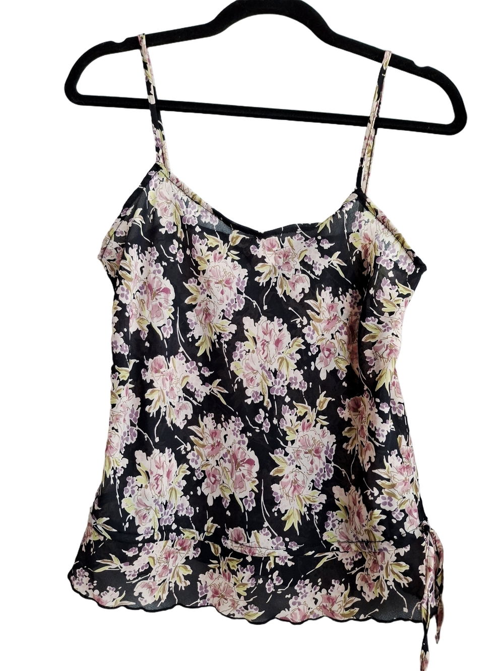 Black Floral Satin Spaghetti Strap Cami Sz Mefium Fairycore